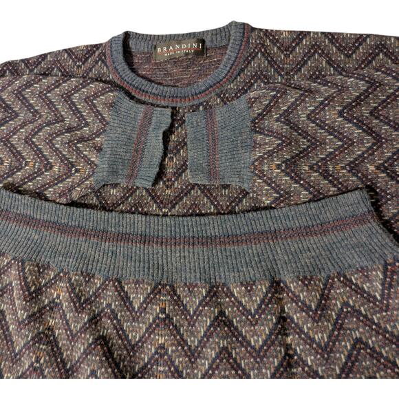 Brandini Wool Sweater Mens XL Brown Black Lightweight Knit Crew Cosby Italy - Picture 3 of 9